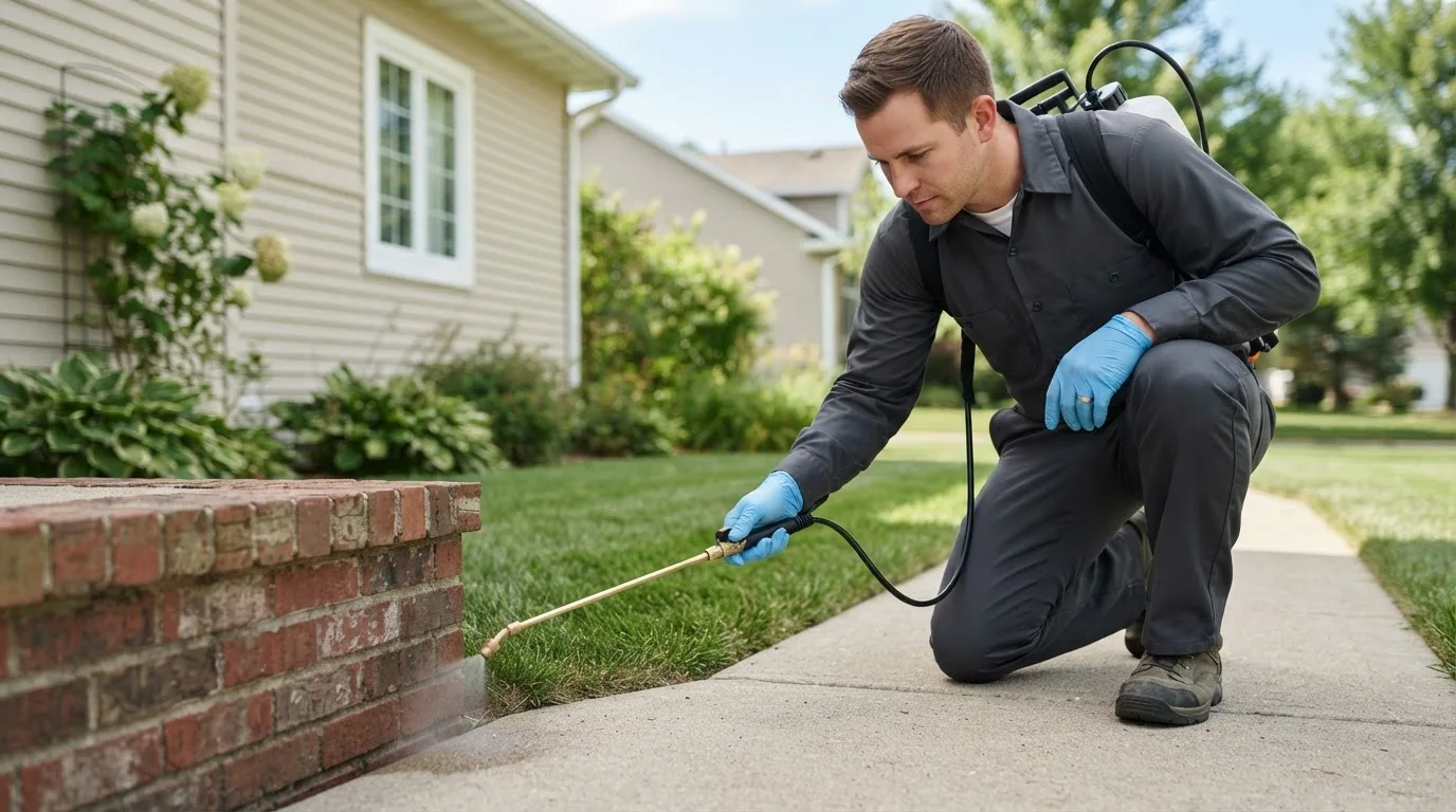 Pest control technician treating a home near Malin, OR
